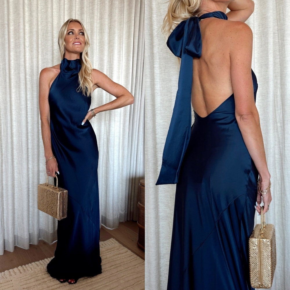 Show Me Your MuMu Lisa Maxi Midnight Navy Luxe Satin Dress Wedding Party Prom